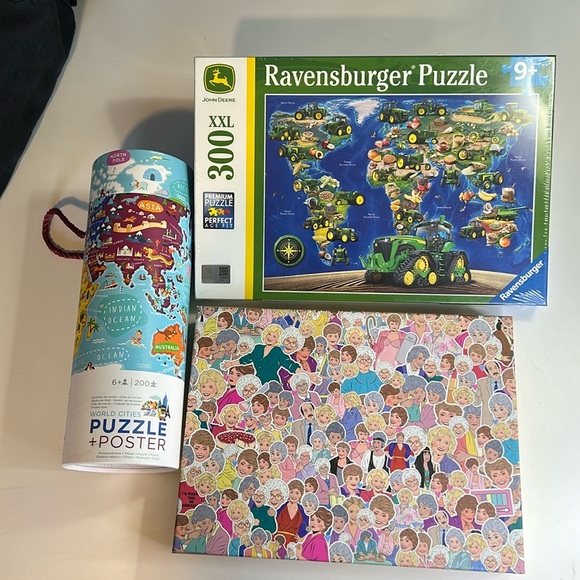 THREE PUZZLES WORLD CITIES PUZZLE, THE GOLDEN GIRLS PUZZLE, JOHN DEERE PUZZLE - Picture 1 of 13